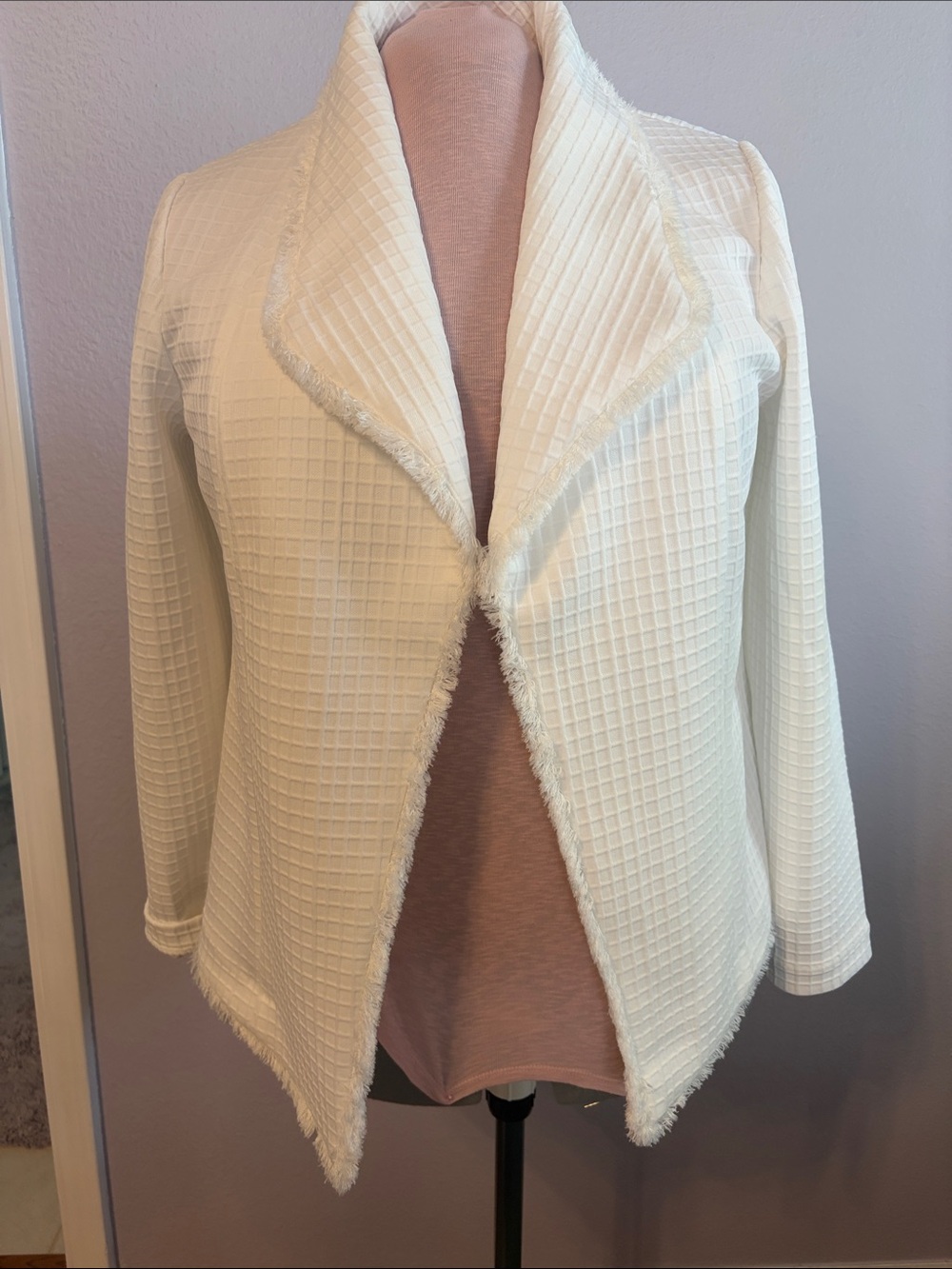 Premise Cream Textured Open-Front Blazer with Frayed Trim